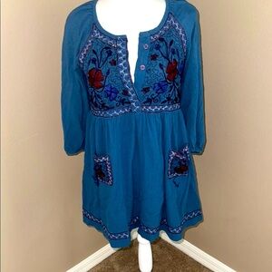 French Connection Blue Dress with Floral Embroidery